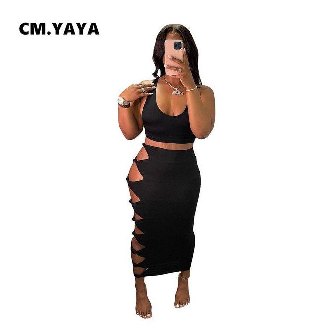 Fashion Cm.yaya Women Skirt Solid Mid Waist Bandage Hollow Out Side Strechy  skirt