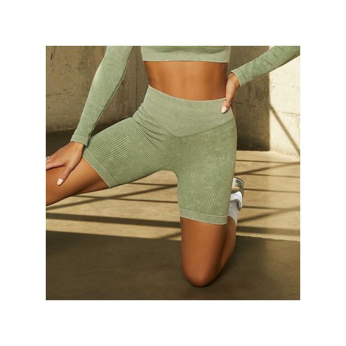 Generic Ribbed Washed Seamless Yoga Set Crop Women Shirt Leggings Two Piece  Outfit Workout Fitness Wear Gym Suit Sport Sets Clothes(#Light Green  Shorts)