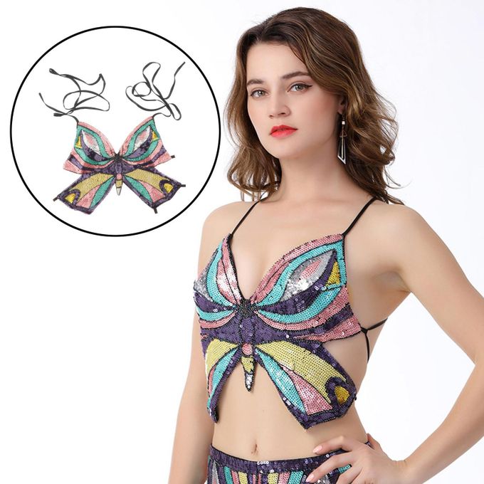 Generic Women Glitter Belly Dance Bra Sequin Butterfly Halter Crop