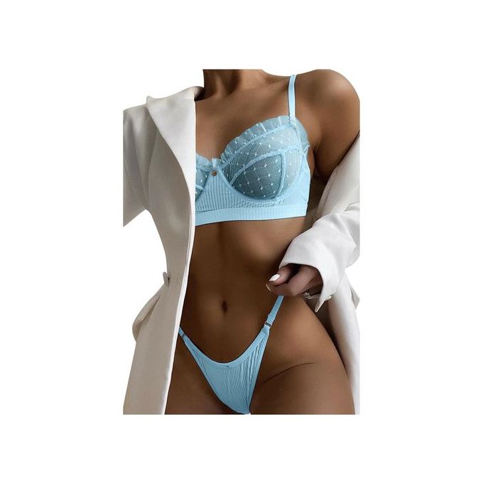 Generic Ruffle Mesh Lace Lingerie 2 Piece Women Underwear Set Transparent  Bras Panty Brief Sets White Sexy Lingerie Seamless Bra Set(#PK)