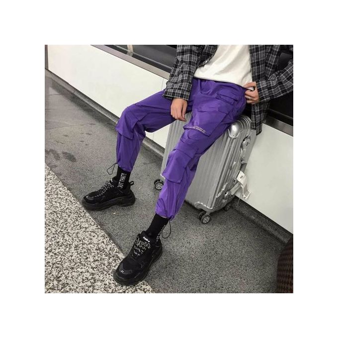 Men Streetwear Cargo Pants Overalls Mens Baggy Hip Hop Joggers Pants  Pockets Harem Pants Purple Sweatpants Korean