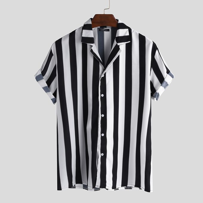 black dress shirt with white stripes