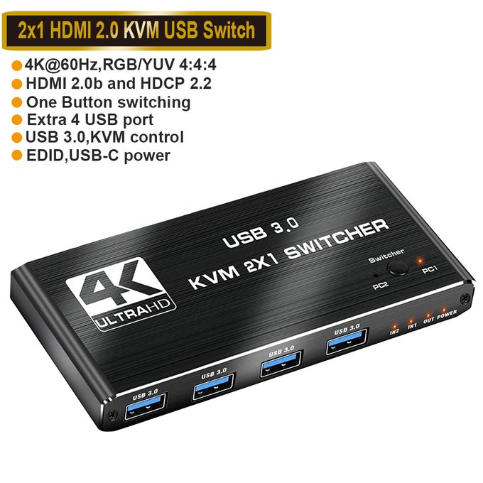  UGREEN USB 3.0 KVM Switch HDMI with 3 USB + 1 Type-C Ports USB  Switch 4K@60Hz for 2 Computers Sharing Monitor Keyboard Mouse USB C Hard  Drives Printer, with 2 USB