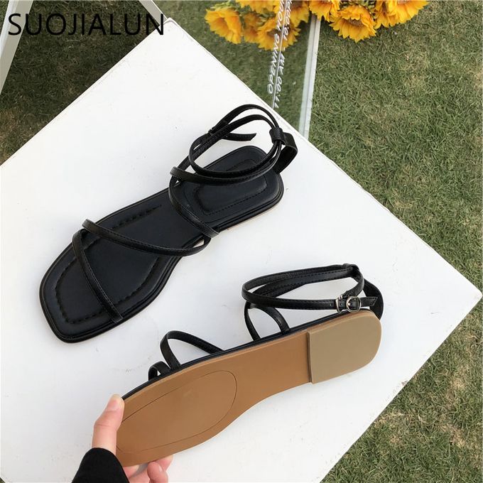 Generic Fashion Women Sandals Flat Heel Narrow Band Back Strap Summer Shoes  Ladies Casual Summer Beach Slides(#black 1)