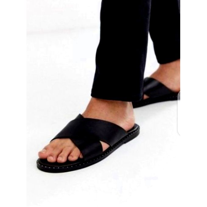 black leather slippers