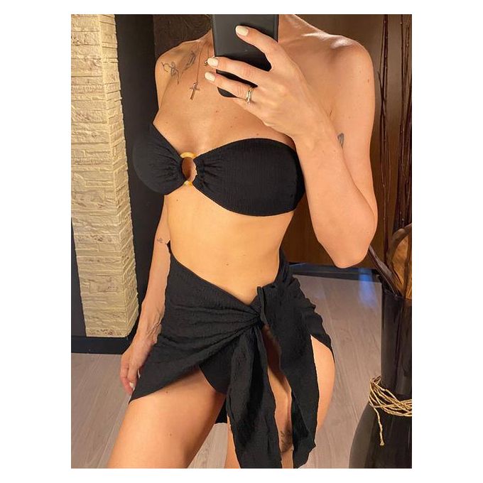 Generic With Sarong Bandeau Strapless Wrinkled Bikini Women Swimwear Female  Swimsuit Three-Pieces Bikini Set Bather Bathing Suit V4587