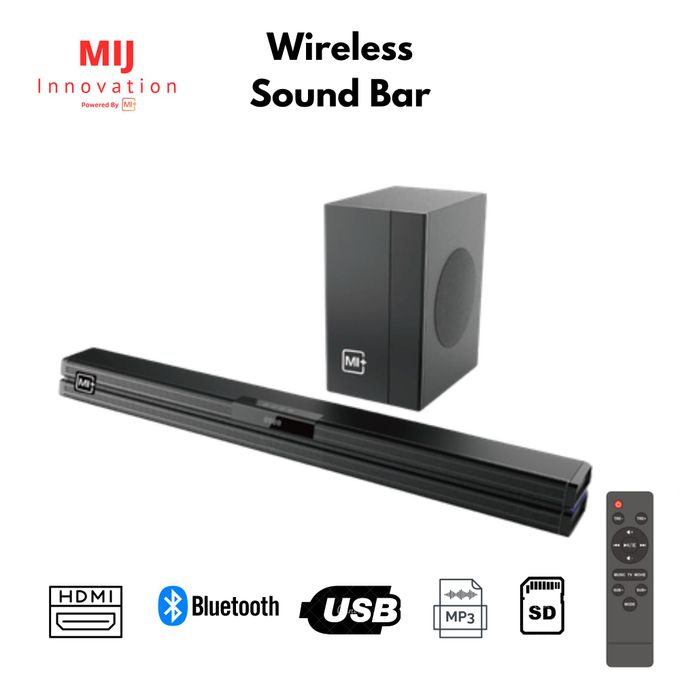 Mi+ (MIJ) Home theater system Wireless Soundbar with 8 Inch Subwoofer – 150W, Bluetooth, USB, HDMI, Remote Control, LED. 1 year warranty