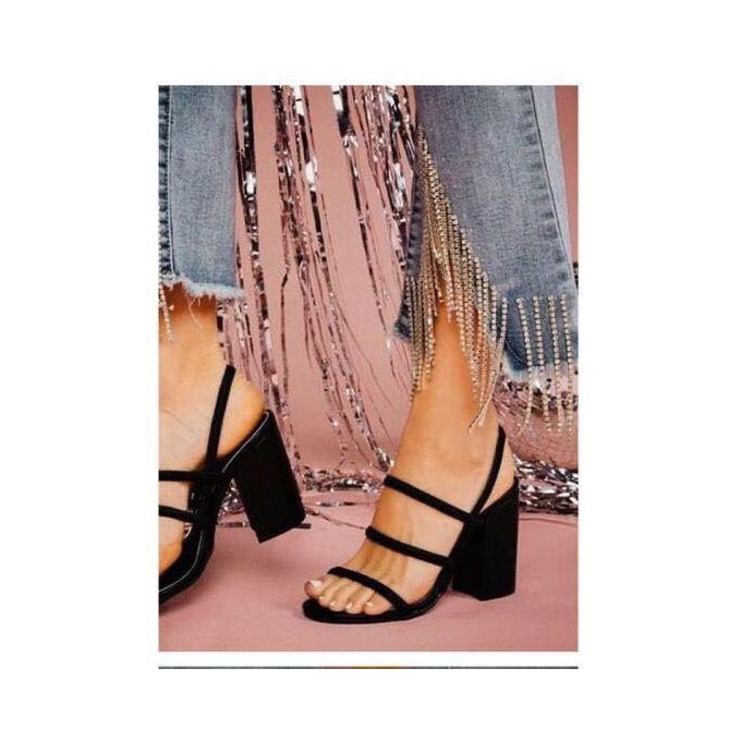 Three Strap Block Heel Sandals - Black 