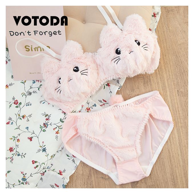 Fashion Girl Sweet Cute Cat Free Comfortable Bra Set Cartoon Animie  Underwear