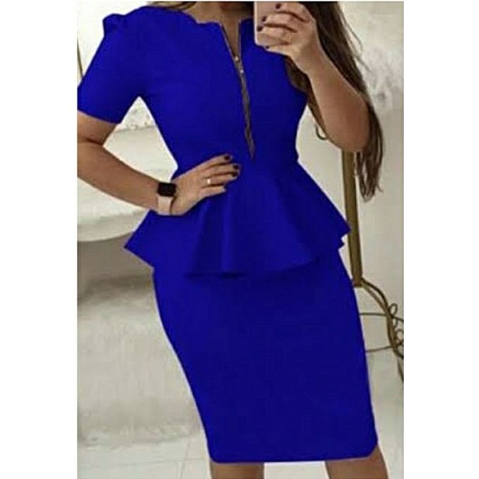 Fashion Royal Blue Front Zipper Peplum ...