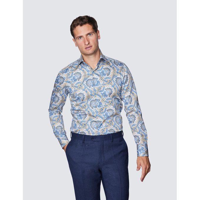 Blue Paisley Print Shirt - High Collar 