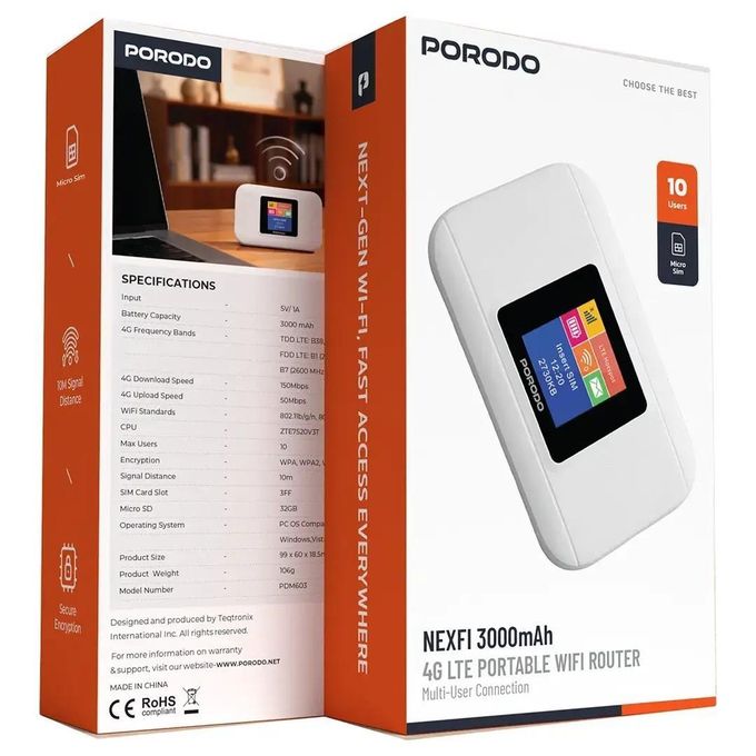 Porodo Mini Wif 3000mAh 4G LTE Portable WiFi Router Multi-User ...