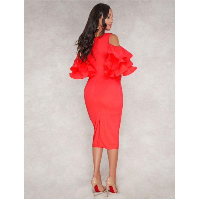 red cold shoulder ruffle dress