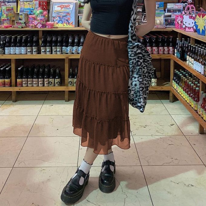 Fashion Fairy Grunge Skirt Brown Dress Goth Long Skirt Dark Academia Y2k  Clothes Skirt