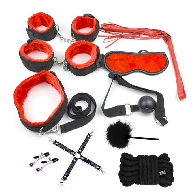BDSM Kit - 10 Pieces Bondage Kit With Nipple Clamps And Sex Whips
