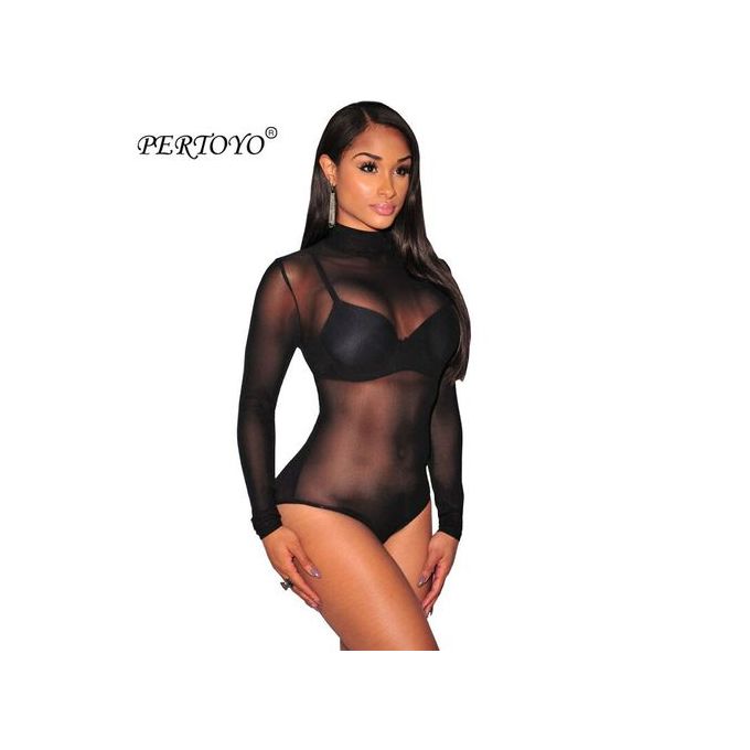 Fashion Nude Mesh Bodysuit Rompers Bodycon Jumpsuit Turtleneck Skinny  Bodysuits Transparent New Women Sexy Body Clothing(#Black)