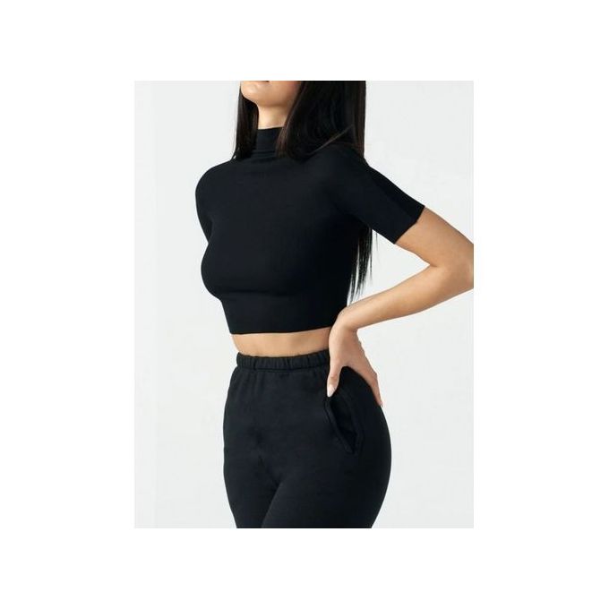 Black TURTLE Neck Short Sleeve Crop Top 