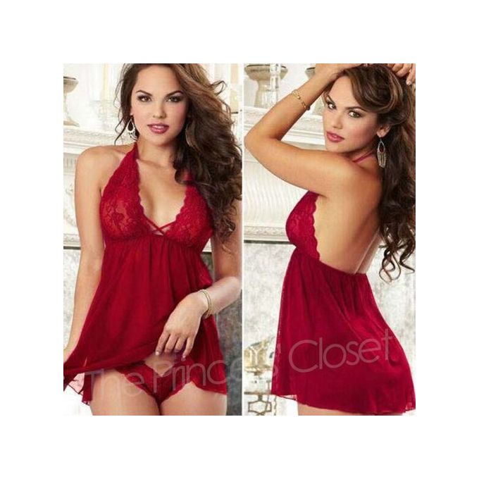 VEJARO N32 Sexy Lace Lingerie Night Gown-Rose Red