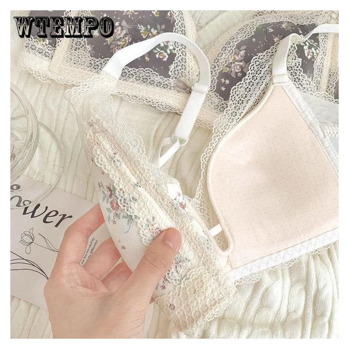 Generic Women's Lace Bra Without Steel Ring Girls' Underwear Gathered  French Style Rear Garden Everyday Push Up Print Sensual Lingerie
