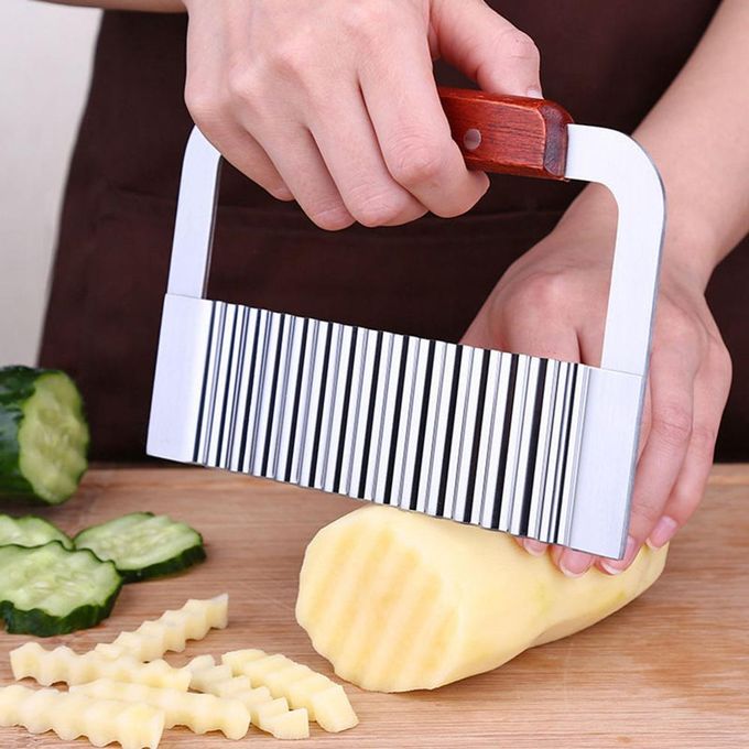 Stainless Steel Wave Cutting Tool French Fry Slicer Stainless Steel Blade  Wooden Handle,for Chopping Veggies, Fruit, Potato, Soap, Waffle Fries