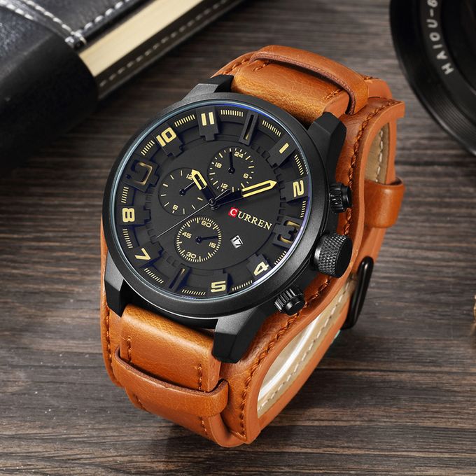 Curren Men Leather Wrist Watch- Brown