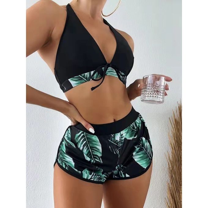 Fashion (Green)Three Pieces Leaf Print Bikini Women Swimsuit With Swim  Shorts Swimwear
