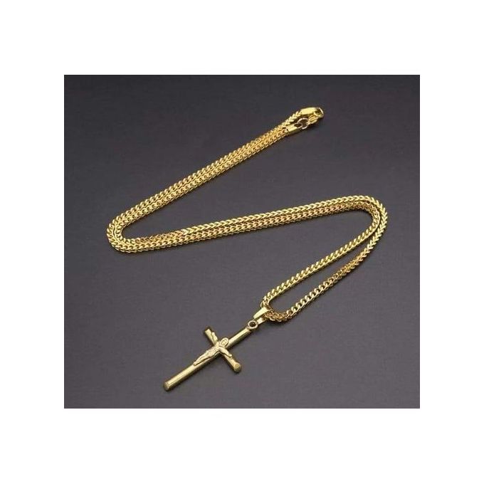 Fashion Long Cuban Link Gold Chain With INRI Cross Pendant