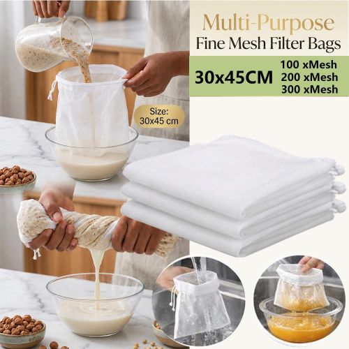 3 Pcs Reusable Fine Mesh Filter Bags for Nut Milk, Soy Milk, Pap & Juice - Durable Food Grade Nylon Mesh Strainer Bags 30x45cm (100/200/300 Mesh)
