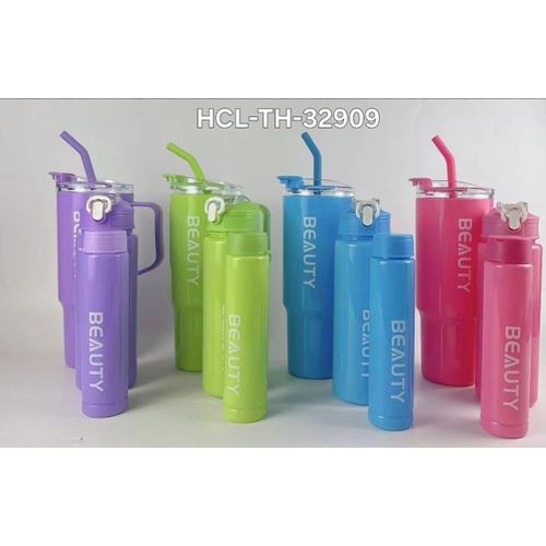 3-in-1 Beauty motivational water bottle and tumbler set available in purple, green, blue, and pink colorways