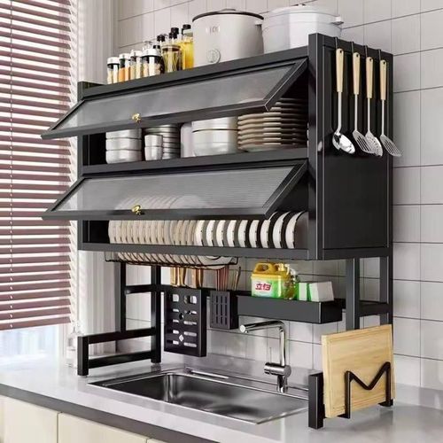 85cm 2 Tier Over the Sink Dish Drying Cabinet Rack with Enclosed Shelves Hooks Knife Holder and Cutting Board Stand Black