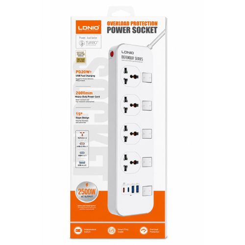 Defender Series Overload Protection Power Socket – 2500W , PD20W Fast Charging , 4 AC Outlets + USB Ports