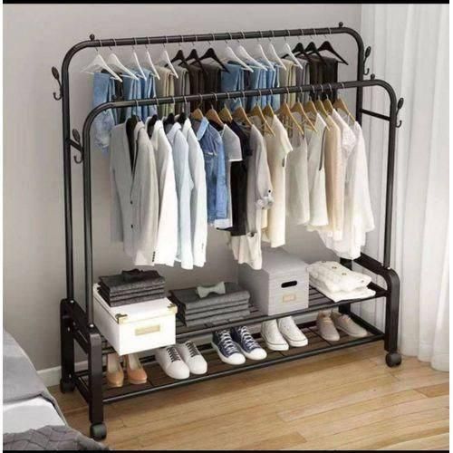 Heavy-Duty Double Rail Garment Rack with Wheels – Multifunctional Clothes Drying & Storage Rack