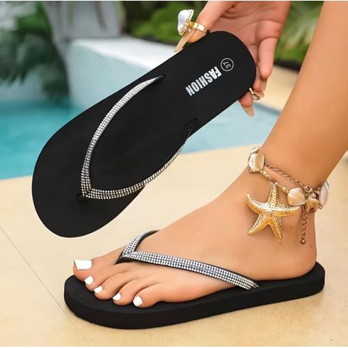 Fashionable Rhinestone Slippers Outerwear Summer and Autumn Clip Foot Cool Slippers, Women Shoes