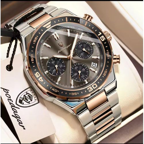 Men's Top Quality Chronograph Stainless Water Resistant Wristwatch Silver, Rosegold And Black