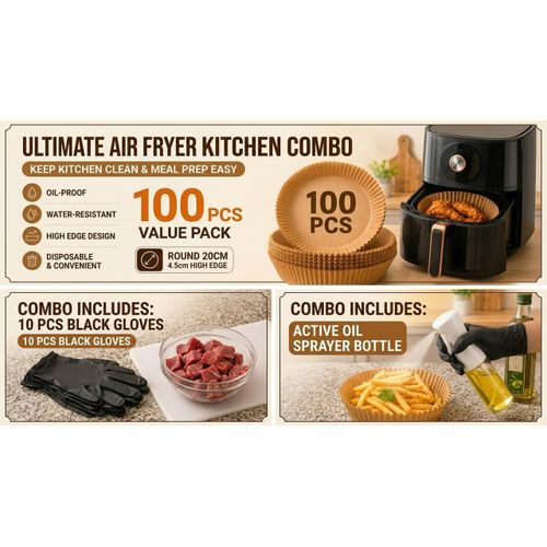 Black Vinyl/Nitrile Disposable Gloves(10PCS) + Air Fryer Baking Paper (100PCS) And Oil Spray Bottle