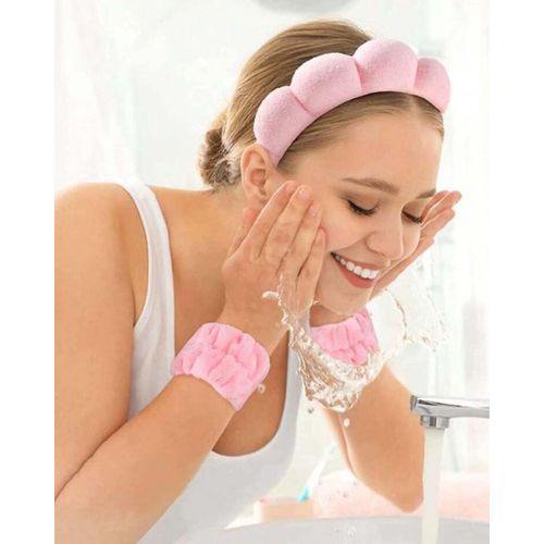 3pcs Spa Headband & Wristbands Set - Soft, Absorbent Sponge And Towel Fabric For Skincare & Face Washing
