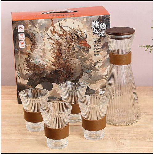 Ribbed Glass Pitcher Set with 4Cups, Elegant Juice Milk Cold Carafe Cold Water Jug with Wooden Ring, 1 Glass Jug with Lid, 6 Cups, Thick Base, Leakproof For Refrigerator - Multicolor