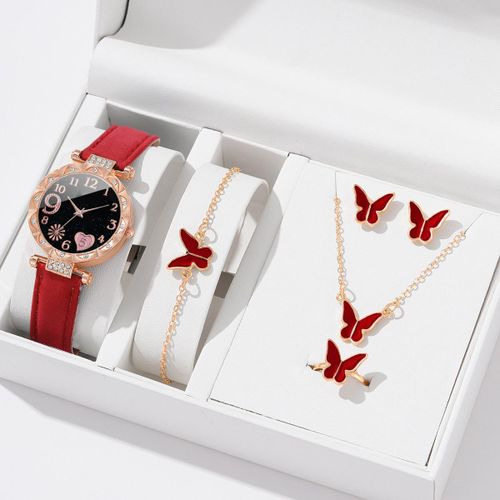 6PCs Red Wrist Watch set for Women w/ Ring Bracelet Necklace Earrings