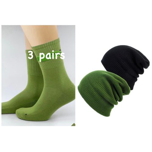 2 color beanie and 3PAIRS Solid color fashionable casual versatile socks kneel high/Mid calf socks unisex couple style men socks ankle socks regular daily use dark green socks Amy green socks navy green socks