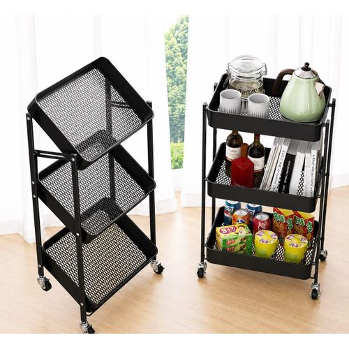 3-Tier Metal Mesh Rolling Storage Cart with Lockable Wheels – Multipurpose Utility Organizer