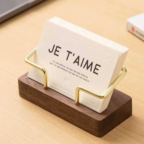 Wooden Business Card Holder with Metal Frame, 1 Pack Natural Walnut Desk Name Card Display Stand, Rustic Office Desktop Organizer for Name Cards, Photos, Notes