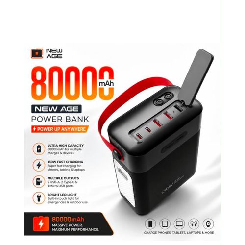 80,000mAh Heavy Duty Power Bank – 130W Super Fast Charging, USB-C PD Laptop Charger, AI Smart, LED Digital Display & Torch ( RH018 )