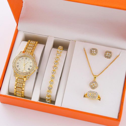 5-Piece Iced-Out Watch and Clover-Motif Halo Jewelry Ensemble