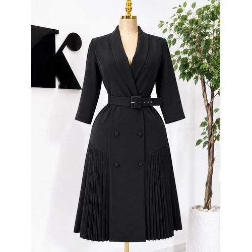 Women’s Elegant Double-Breasted Pleated Blazer Midi Dress with Belt – Black