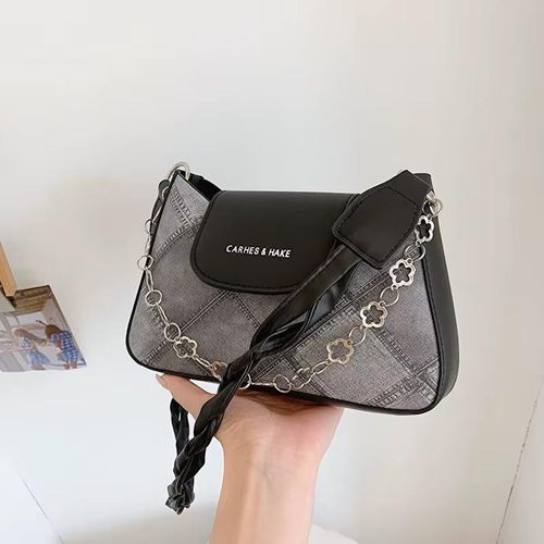 Women's Crossbody Shoulder Bag - Fashionable Plaid & Leather Patchwork with Clover Chain & Braided Strap for Daily Wear