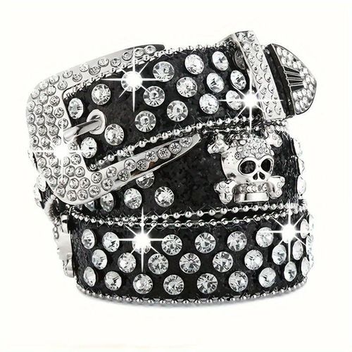 Skull & Crystal Bling Belt Black Glitter Punk Rock Style Adjustable