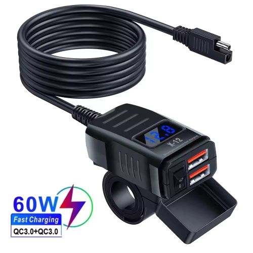 PD Motorcycle USB Rapid Charger 60W Handlebar Dual USB Ports, With Voltage Switch, Waterproof 12V Power Adapter