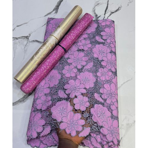 Guipure Cord Lace Fabric dust pink and Grey Floral Design with Stone Detailing for Asoebi