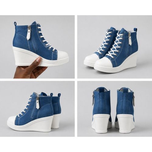 Women’s Denim Wedge Sneakers – Stylish High Top Zip Lace-Up Shoes