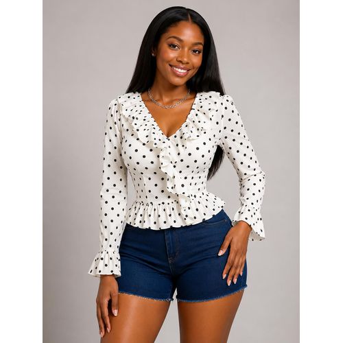 Women’s Polka Dot Ruffle Blouse – Long Sleeve V-Neck Peplum Top with Flared Cuffs